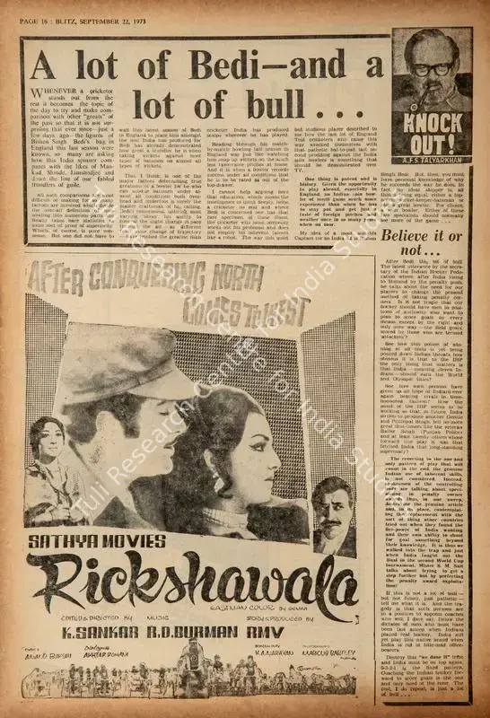 Rickshawala . In <i>Blitz - India's Greatest Weekly.</i> p. 16. Bombay: R.K. Karanjia, 22 September 1973 | Film Review | CinemaEducation | 00143472