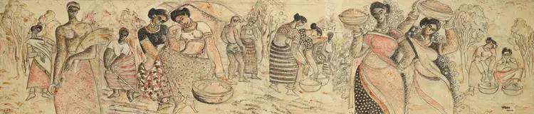 Sadequain (Artist). Untitled (Village Scene). Pen and ink on paper laid on board, c.1950 | Drawing | FineArts | 00645479