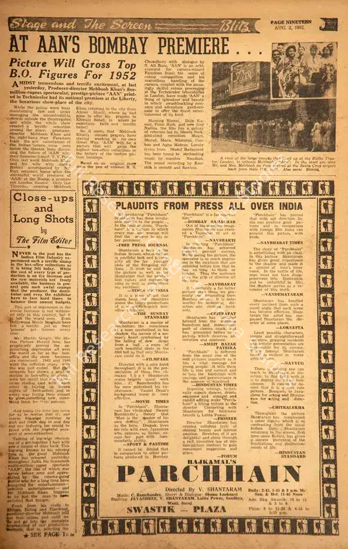 At Aan's Bombay Premiere…. In <i>Blitz - Asia's Foremost News Magazine.</i> p. 19. Bombay: R.K. Karanjia, 02 August 1952 | Film Review | CinemaEducation | 00144155