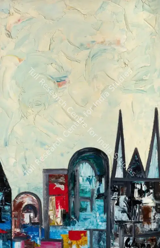Ribeiro, Lance (Artist). Untitled (Landscape with Spires). Oil on board, 1962 | Painting | FineArts | 00416789
