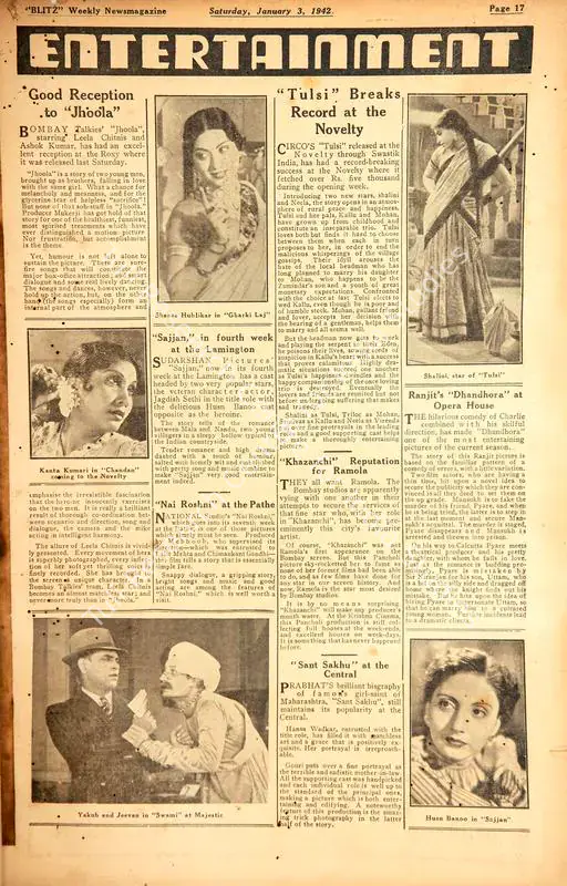 Good Reception to "Jhoola". In <i>Blitz - Weekly News Magazine.</i> p. 17. Bombay: R.K. Karanjia, 03 January 1942 | Film Review | CinemaEducation | 00142368