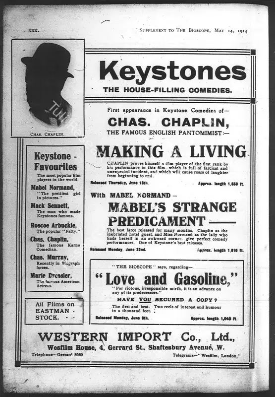 Sennett, Mack (Producer), Making a Living, 1914 | Film Advertisement, 14 May 1914 | CinemaEducation | 00794990