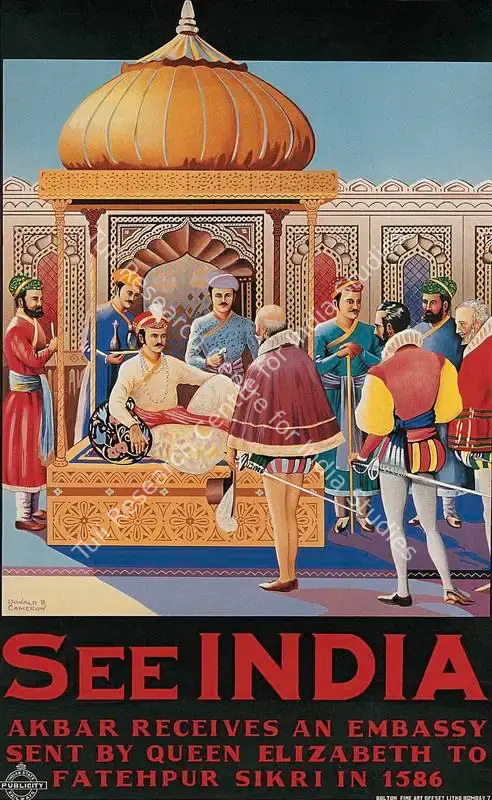 Cameron, After Donald B. (Artist). See India-Akbar Receives an Embassy sent by Queen Elizabeth to Fatehpur Sikri (in 1586). Lithographic print on paper, 1935 | Travel Publicity Related Art & Poster | PopCulture | 00092917