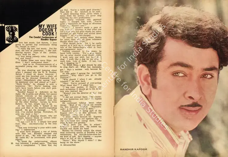 Bharathi, N. (Interviewer). My Wife doesn't Cook! - The Candid confessions of Randhir Kapoor. In <i>Sunday.</i> p. 16. Calcutta: Ananda Bazar Patrika, 18 March 1973 | Conversation | CinemaEducation | 00802249