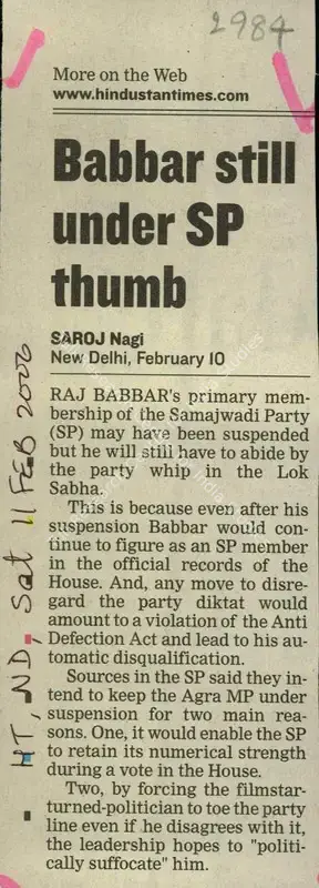 Nagi, Saroj (Reporter). Babbar Still Under SP Thumb. New Delhi: Hindustan Times, 11 February 2006 | Newspaper Clipping | CinemaEducation | 00853114