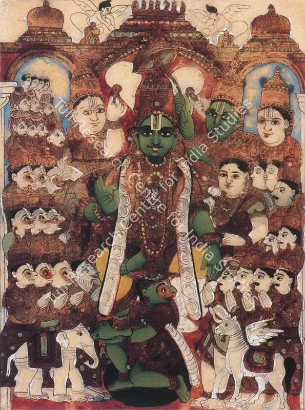 Tanjore School (Artist). Vishnu and Rama with Devotees. Tempera and gold leaf on reverse of glass, early 20th century | Painting | FineArts | 00374147