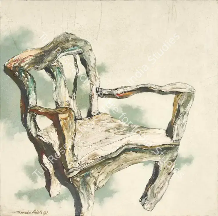 Aich, Samir (Artist). The White Chair. Oil on canvas laid on board, 1991 | Painting | FineArts | 00547770