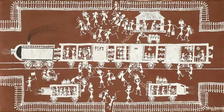 Mashe, Jivya Soma (Artist). Untitled (Train). Natural pigment on cloth, 2000 | Painting | EconomicsArt | 00871413