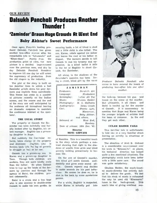 Dalsukh Pancholi produces Another Thunder! - Zamindar' draws huge crowds at West End - Baby Akhtar's Sweet Performance. In <i>Filmindia.</i> 9(1), pp. 83, 85. Bombay: Baburao Patel, January 1943 | Film Review | CinemaEducation | 00858717