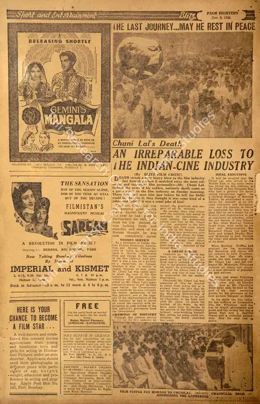 Chunni Lal's Death_x000d_
An Irreparable Loss to the Indian-Cine Industry. In <i>Blitz - Asia's Foremost News Magazine.</i> p. 18. Bombay: R.K. Karanjia, 09 December 1950 | Film Review | CinemaEducation | 00143756