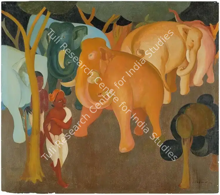 Solegaonkar, Govind Madhav (Artist). Untitled (Elephants in a Forest). Oil on masonite board, n.d. | Painting | FineArts | 00642168