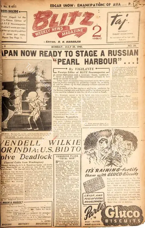 Karanjia, R.K. (Editor). Blitz - Weekly News Magazine. Bombay: R.K. Karanjia, 25 July 1942 | Magazine | CinemaEducation | 00796737