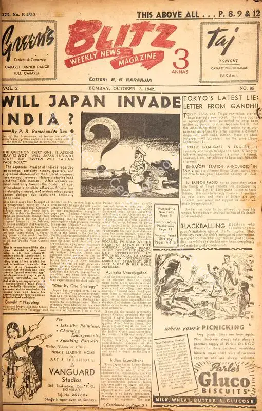 Karanjia, R.K. (Editor). Blitz - Weekly News Magazine. Bombay: R.K. Karanjia, 03 October 1942 | Magazine | CinemaEducation | 00796747