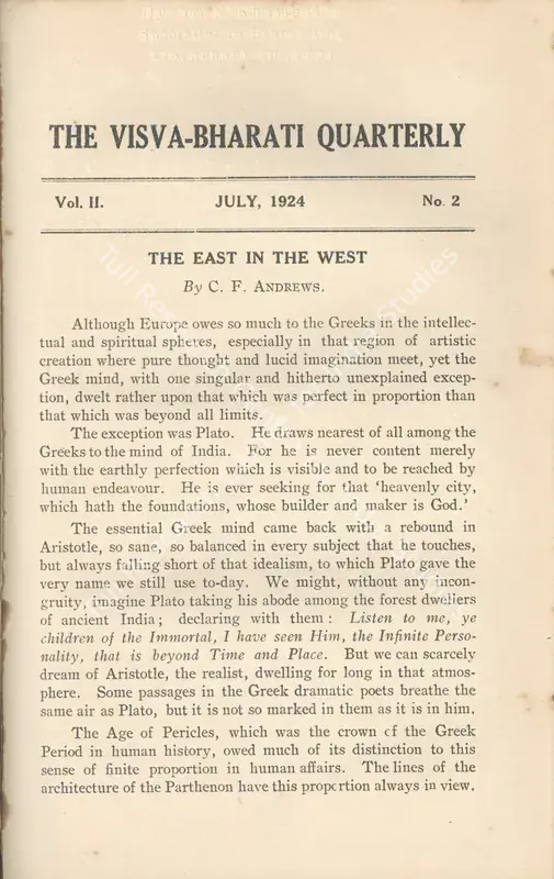Andrews, C.F. (Editor). Visva-Bharati Quarterly. 2(2). Calcutta: Kishorimohan Santra, July 1924 | Journal | FineArts | 00502419