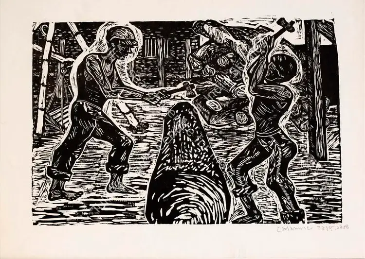 Hore, Somnath (Artist). Untitled (Woodcutters). Woodcut, 1944 | Sculpture | FineArts | 00416871