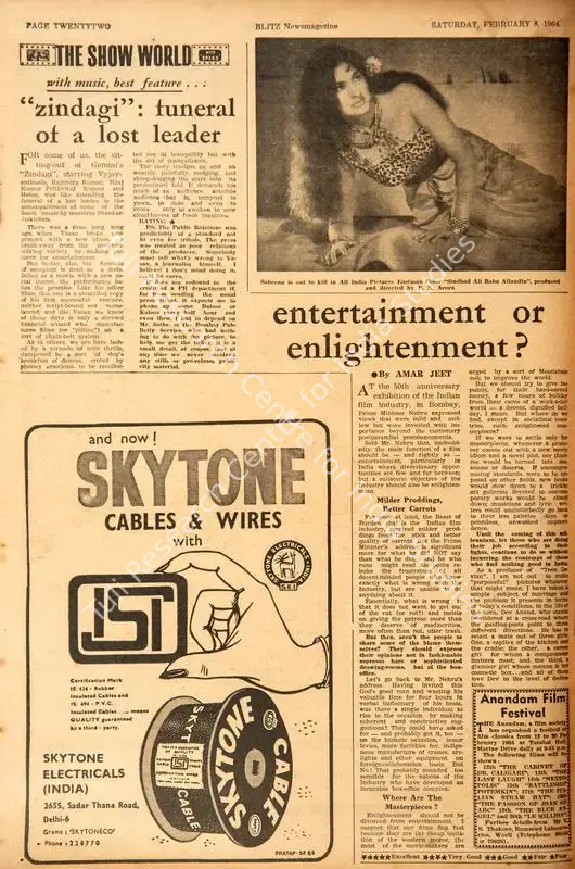 Jeet, Amar (Essayist). Entertainment or Enlightenment?. In <i>Blitz - India's Greatest Weekly.</i> p. 22. Bombay: R.K. Karanjia, 08 February 1964 | Film Review | CinemaEducation | 00144674
