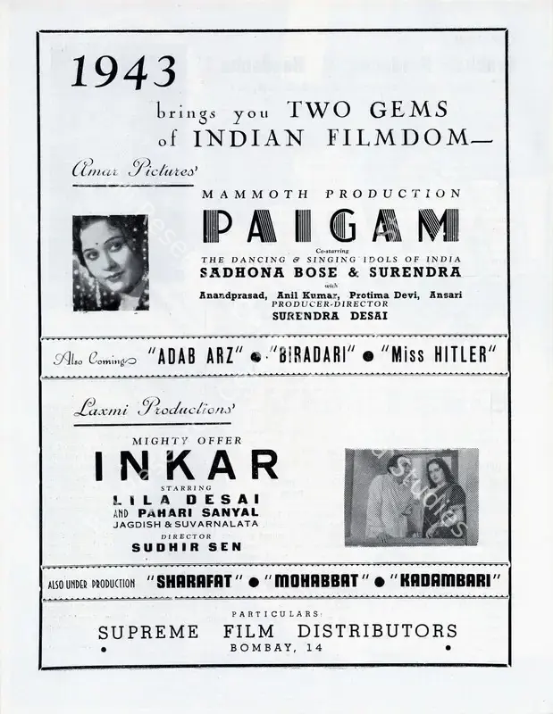 Desai, Surendra (Producer), Paigam, 1943 | Advertisement, Filmindia, January 1943 | CinemaEducation | 00858507