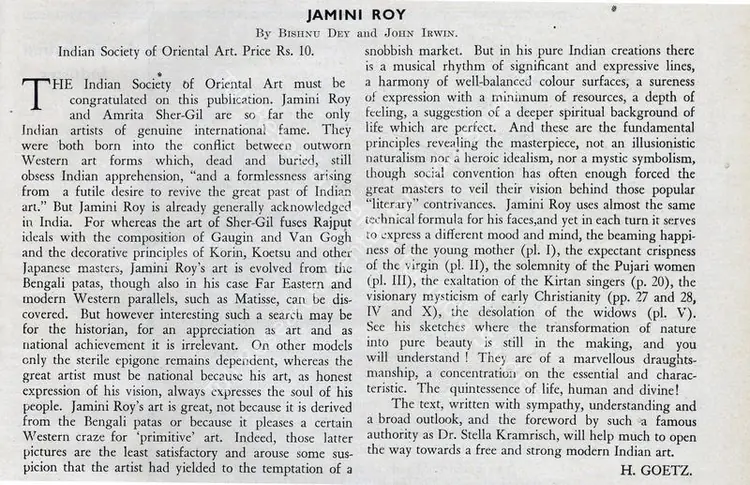 Dey, Bishnu (Essayist). Jamini Roy. In <i>Marg.</i> 1(1), p. 80. Bombay: Modern Architectural Research Group, October 1946 | Essay | FineArts | 00668742
