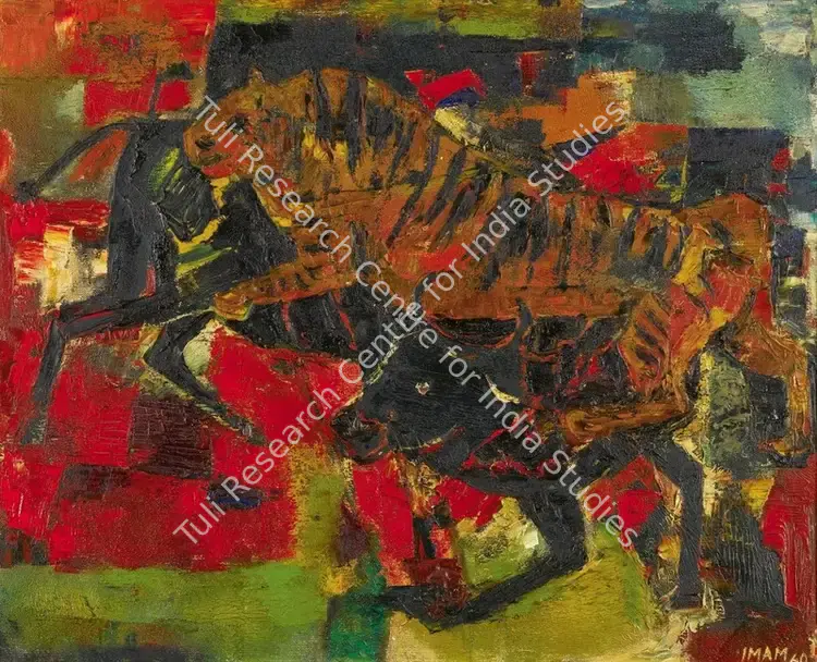 Imam, Syed Ali (Artist). Tiger and Bull. Oil on canvas, 1960 | Painting | FineArts | 00646723