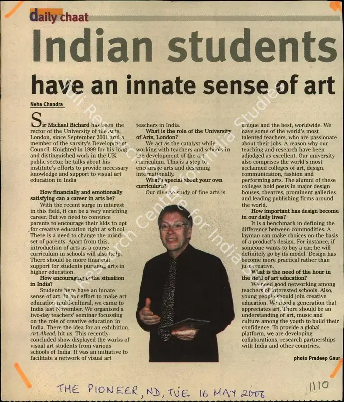 Chandra, Neha (Reporter). Indian Students have an Innate Sense of Art. New Delhi: The Pioneer, 16 May 2006 | Newspaper Clipping | FineArts | 00853485
