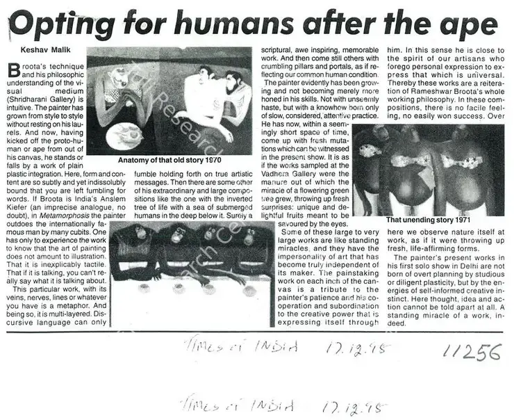 Malik, Keshav (Writer). Opting For Humans Ofter the Ape. The Times of India, 17 December 1998 | Newspaper clipping | FineArts | 00635244