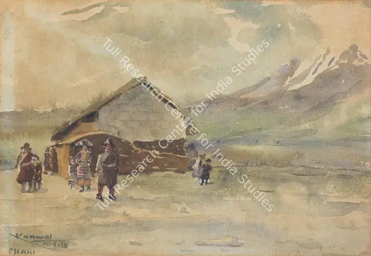 Krishna, Kanwal (Artist). The Old posthouse at Pagi (Phari), Tibet. Watercolour, 1938 | Painting | EconomicsArt | 00870436