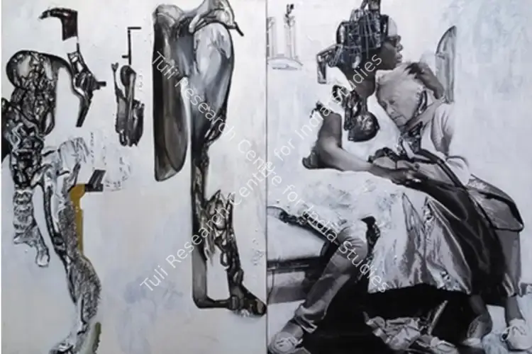 Gupta, Probir (Artist). Migrants and Scafoldings. Acrylic and iron oxides on canvas, 2018 | Painting | FineArts | 00337248