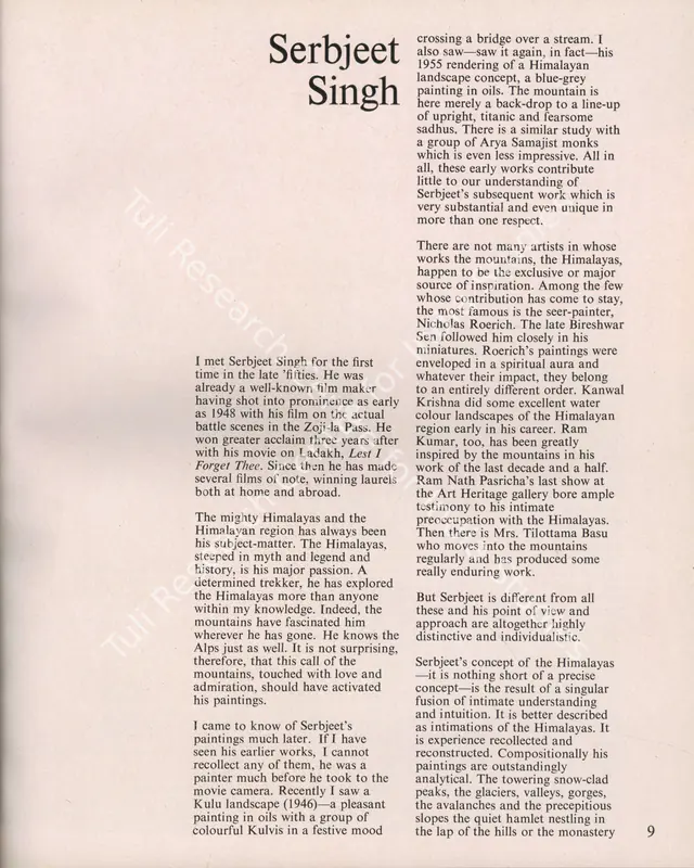 Krishnan, S.A. (Text by). Serbjeet Singh. In <i>Art Heritage - Catalogue 1979-80.</i> Season 3, pp. 9-11. New Delhi: Art Heritage, 1980 | Essay | FineArts | 00851664