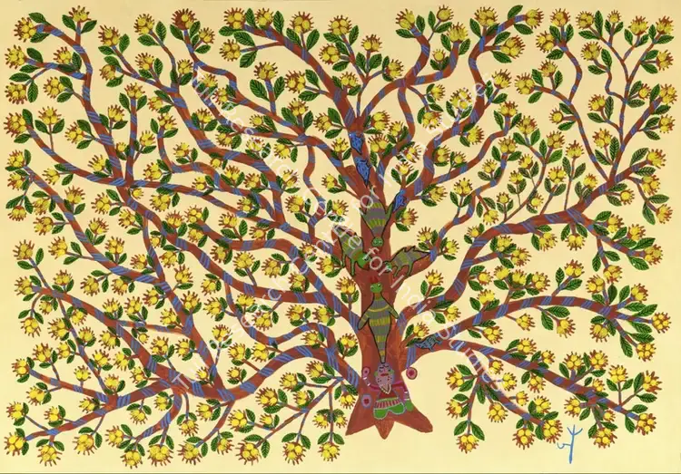 Baiga, Jodhaiya Bai (Artist). Mahua Tree, Green Parrots and the Goddess Mahua (Gond). Acrylic on canvas, 2021 | Painting | EconomicsArt | 00872927
