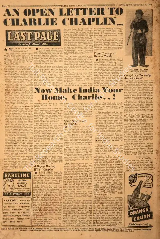Abbas, Khwaja Ahmad (Columnist). An Open Letter to Charlie Chaplin…. In <i>Blitz - Asia's Foremost News Magazine.</i> p. 20. Bombay: R.K. Karanjia, 04 October 1952 | Essay | CinemaEducation | 00464559