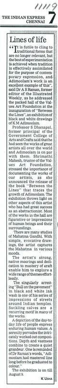 Usha, K. (Writer). Lines of Life. Chennai: The Indian Express, 1997 | Newspaper clipping | FineArts | 00635411