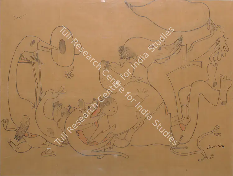 Husain, M.F. (Artist). Drawing For Furniture Design 'Fantasy Series'. Graphite and coloured pencil on brown paper, 1941 | Graphic Art | FineArts | 0022573