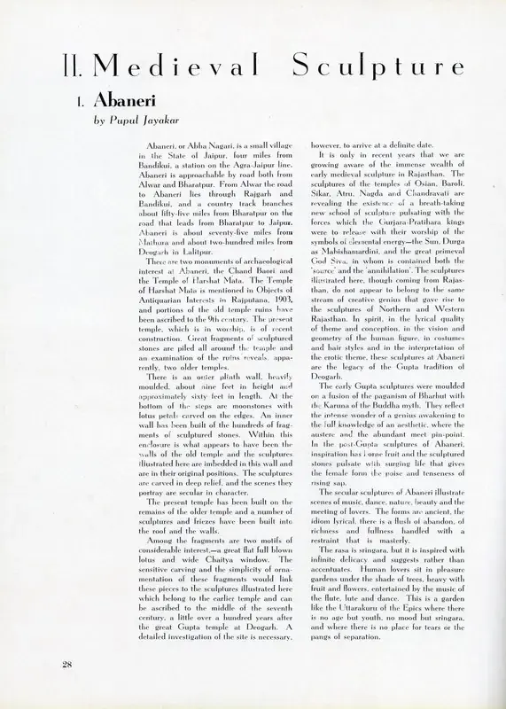 Jayakar, Pupul (Essayist). Abaneri. In <i>Marg - Rajasthani Sculpture.</i> 12(2), pp. 28-30. Bombay: Marg, March 1959 | Essay | FineArts | 00668874