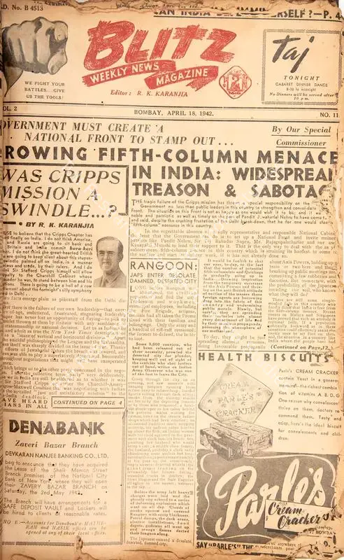 Karanjia, R.K. (Editor). Blitz - Weekly News Magazine. Bombay: R.K. Karanjia, 18 April 1942 | Magazine | CinemaEducation | 00796723