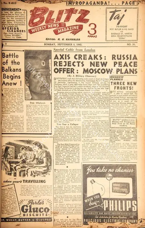Karanjia, R.K. (Editor). Blitz - Weekly News Magazine. Bombay: R.K. Karanjia, 05 September 1942 | Magazine | CinemaEducation | 00796743