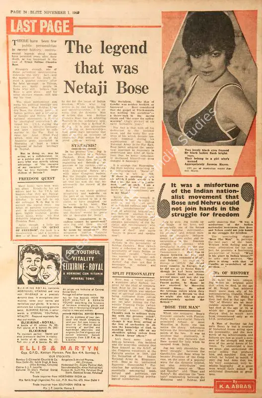 Abbas, Khwaja Ahmad (Columnist). The Legeng That was Netaji Bose. In <i>Blitz - Hindi Sanskaran.</i> p. 24. Bombay: R.K. Karanjia, 01 November 1969 | Essay | CinemaEducation | 00465559