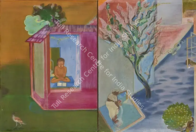 Sheikh, Nilima (Artist). While Reading. Oil on wood, 1982 | Painting | FineArts | 00339966