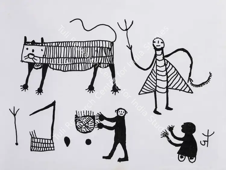 Baiga, Jodhaiya Bai (Artist). Pandit with Sword and Trishul. Marker on paper, 2022 | Painting | EconomicsArt | 00873001