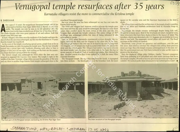Shekhar, B. (Reporter). Venugopal Temple Resurfaces after 35 years - Karnataka Villagers resist the move to Commercialise the Krishna temple. New Delhi: Sahara Time, 17 May 2003 | Newspaper Clipping | ArcHeritage | 00854091