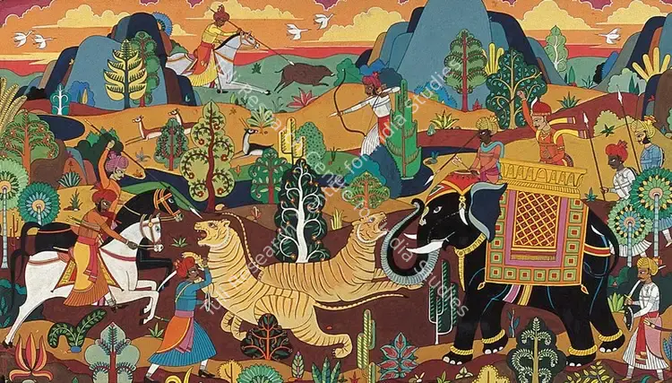 Mangalsinhji, Kumar (Artist). Kotah Hunting Scene. Gouache on paper, late 1940s | Painting | FineArts | 00371567