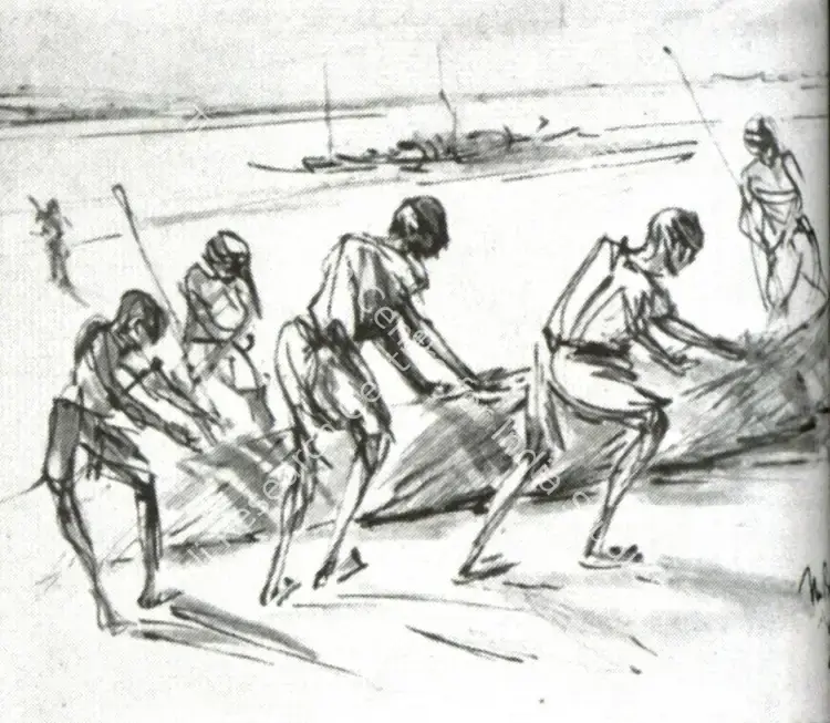 Misra, Hemanta (Artist). Fishermen. n.d. | Marg, December 2022 - March 2023 | Drawing | FineArts | 00675362
