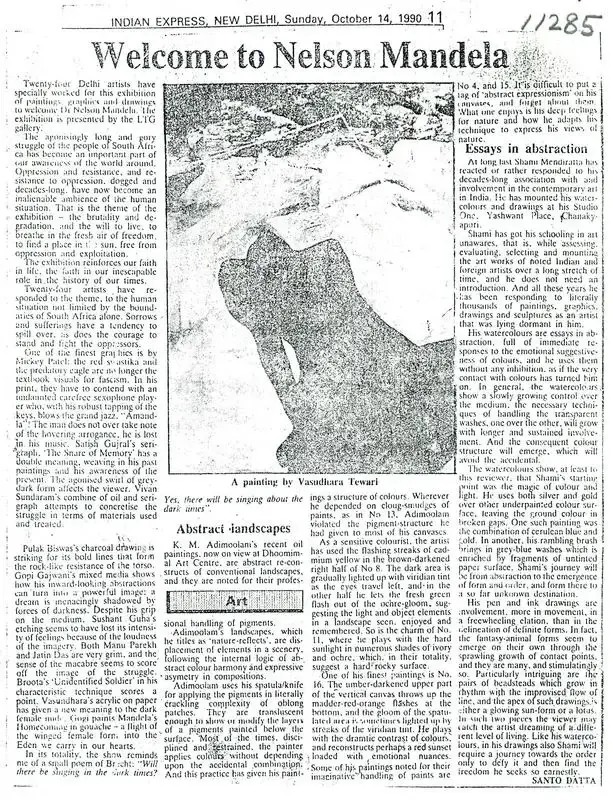 Datta, Santo (Writer). Welcome to Nelson Mandela. New Delhi: The Indian Express, 14 October 1990 | Newspaper clipping | FineArts | 00635235