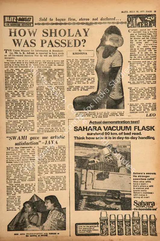 Krishna (Reviewer). How Sholay was Passed?. In <i>Blitz - India's Greatest Weekly.</i> p. 13. Bombay: R.K. Karanjia, 30 July 1977 | Film Review | CinemaEducation | 00145148