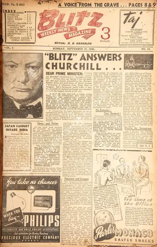 Karanjia, R.K. (Editor). Blitz - Weekly News Magazine. Bombay: R.K. Karanjia, 19 September 1942 | Magazine | CinemaEducation | 00796745
