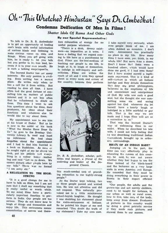 Oh "This Wretched Hindustan" says Dr. Ambedkar! - Condemns Deification of Men in Films! - Shatter Idols of Rama and Other Gods. In <i>Filmindia.</i> 8(6), pp. 48-49, 51. Bombay: Baburao Patel, June 1942 | Conversation | CinemaEducation | 00858715