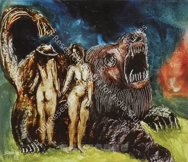 Sohail, Tasadduq (Artist). Beauty & The Beast. Oil on paper laid down on board, 1982 | Painting  | 00881148
