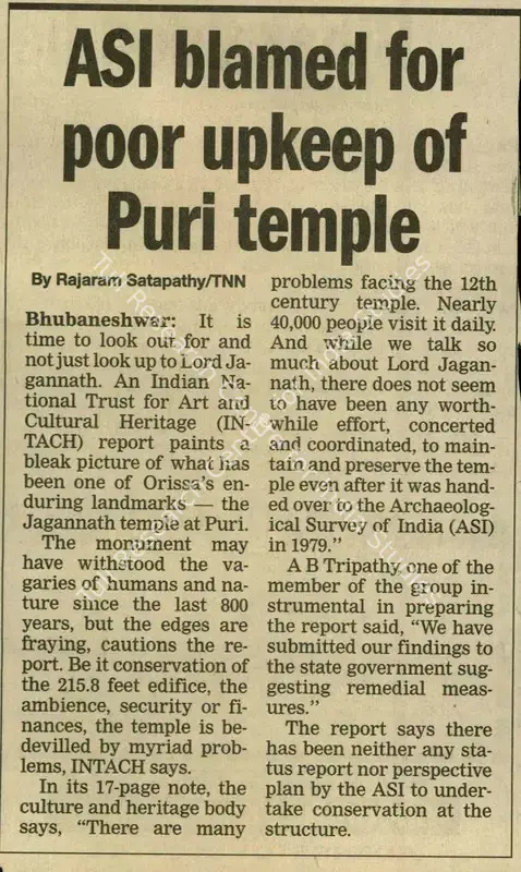 Satapathy, Rajaram (Reporter). ASI Blamed For Poor Upkeep of Puri Temple. Mumbai: The Times of India, 25 April 2005 | Newspaper Clipping | ArcHeritage | 00854338