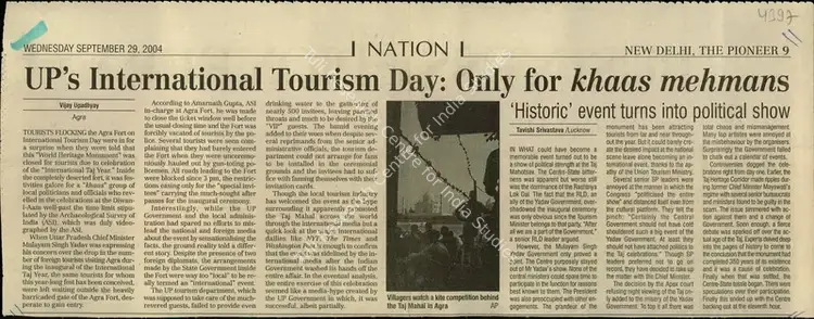 Upadhyay, Vijay (Reporter). UP's International Tourism Day - Only for khaas mehmans. New Delhi: The Pioneer, 29 September 2004 | Newspaper Clipping | ArcHeritage | 00854373