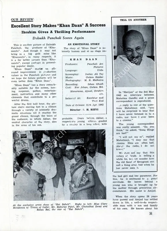 Excellent Story makes "Khan Daan" A Success - Ibrahim gives a thrilling performance - Dalsukh Pancholi scores again. In <i>Filmindia.</i> 8(6), pp. 31-32. Bombay: Baburao Patel, June 1942 | Film Review | CinemaEducation | 00858714
