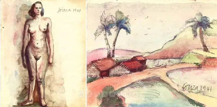 Souza, F.N. (Artist). Untitled (Standing Female Nude); Untitled (Figures In Landscape) (verso). Ink and watercolour on paper, 1940 | Painting | FineArts | 00755438